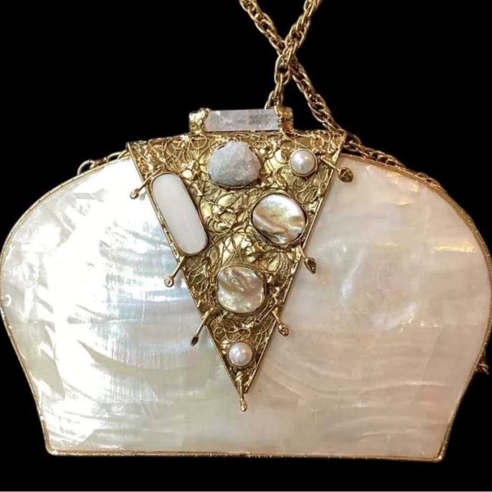 🆕Ramla La Perle clutch, white opal and gold, 
half moon shape